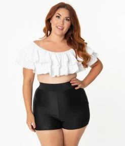 Unique Vintage Plus Size Black High Waist Capitola Swim Shorts