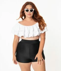 Unique Vintage Plus Size Black High Waist Capitola Swim Shorts