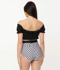 Unique Vintage Mrs. Cooper Black & White Gingham Sailor Swim Shorts Swimwear