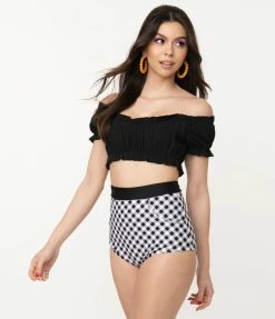 Unique Vintage Mrs. Cooper Black & White Gingham Sailor Swim Shorts Swimwear