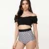 Unique Vintage Mrs. Cooper Black & White Gingham Sailor Swim Shorts Swimwear
