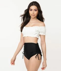 Swimwear Unique Vintage White Ruffle Encinitas Swim Crop Top