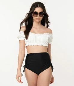 Swimwear Unique Vintage White Ruffle Encinitas Swim Crop Top