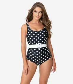 Unique Vintage Black & White Polka Dot Belted Huntington Swimsuit