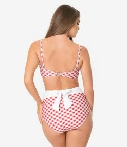 Unique Vintage Red & White Gingham Bow Morro Bikini Bottom