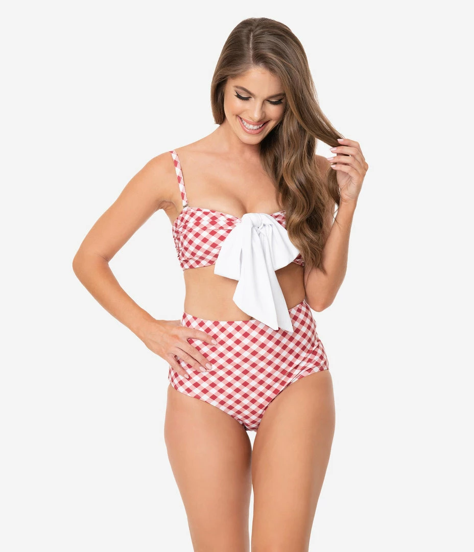 Unique Vintage Red & White Gingham Bow Morro Bikini Bottom