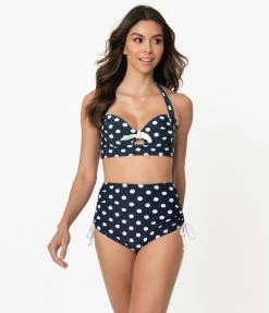 Unique Vintage Mrs. West Navy Blue & White Polka Dot Halter Swim Top Swimwear