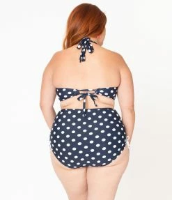 Unique Vintage Plus Size 1950s Mrs. West Navy Blue & White Polka Dot Halter Swim Top