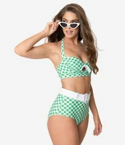 Swimwear Unique Vintage Mrs. West Green & White Gingham Halter Swim Top