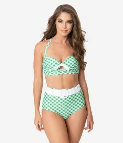 Swimwear Unique Vintage Mrs. West Green & White Gingham Halter Swim Top