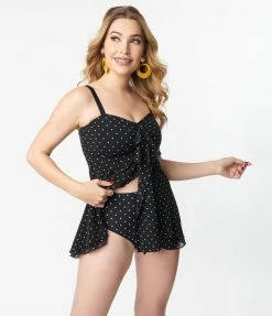 Unique Vintage Black & White Pin Dot Daphne Swim Bottoms