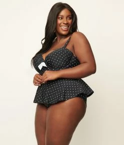 Unique Vintage Plus Size Black & White Pin Dot Daphne Swim Bottoms Swimwear