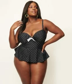 Unique Vintage Plus Size Black & White Pin Dot Daphne Swim Bottoms Swimwear