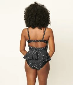 Unique Vintage Black & White Pin Dot Peplum Solana Tankini Swim Top