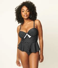Unique Vintage Black & White Pin Dot Peplum Solana Tankini Swim Top