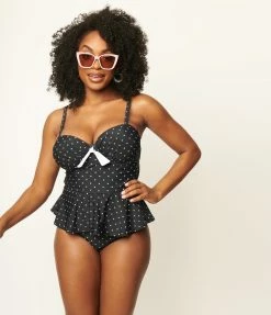 Unique Vintage Black & White Pin Dot Peplum Solana Tankini Swim Top