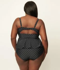 Unique Vintage Plus Size Black & White Pin Dot Peplum Solana Tankini Swim Top Swimwear