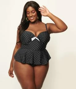Unique Vintage Plus Size Black & White Pin Dot Peplum Solana Tankini Swim Top Swimwear