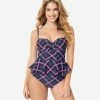 Swimwear Unique Vintage Navy & Pink Plaid Peplum Solana Tankini Swim Top
