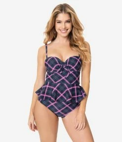 Swimwear Unique Vintage Navy & Pink Plaid Peplum Solana Tankini Swim Top
