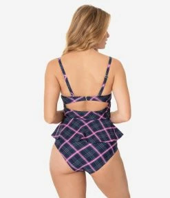 Swimwear Unique Vintage Navy & Pink Plaid Peplum Solana Tankini Swim Top