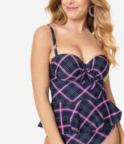 Swimwear Unique Vintage Navy & Pink Plaid Peplum Solana Tankini Swim Top