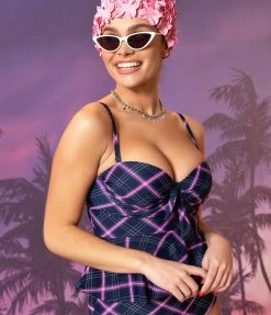 Swimwear Unique Vintage Navy & Pink Plaid Peplum Solana Tankini Swim Top