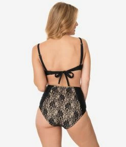 Swimwear Unique Vintage Black Lace & Beige Sweetheart Bandeau Charlene Swim Top