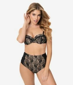 Swimwear Unique Vintage Black Lace & Beige Sweetheart Bandeau Charlene Swim Top