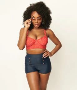 Unique Vintage Red & White Pin Dot Marlene Crop Swim Top Swimwear