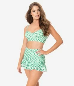 Unique Vintage Style Green & White Gingham Marlene Crop Swim Top Swimwear