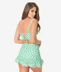 Unique Vintage Style Green & White Gingham Marlene Crop Swim Top Swimwear