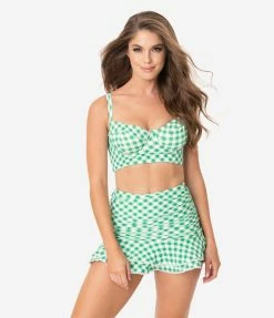 Unique Vintage Style Green & White Gingham Marlene Crop Swim Top Swimwear