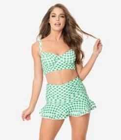 Unique Vintage Style Green & White Gingham Marlene Crop Swim Top Swimwear