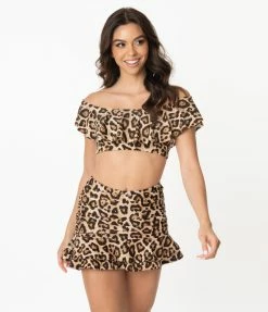 Unique Vintage Leopard Print Ruffled Ramona Swim Top