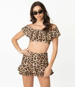 Unique Vintage Leopard Print Ruffled Ramona Swim Top