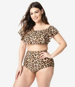 Unique Vintage Plus Size Leopard Print High Waist Louise Swim Bottoms Swimwear