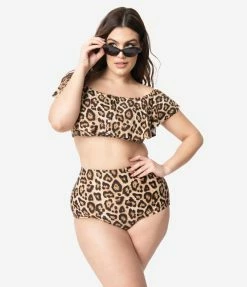 Unique Vintage Plus Size Leopard Print High Waist Louise Swim Bottoms Swimwear