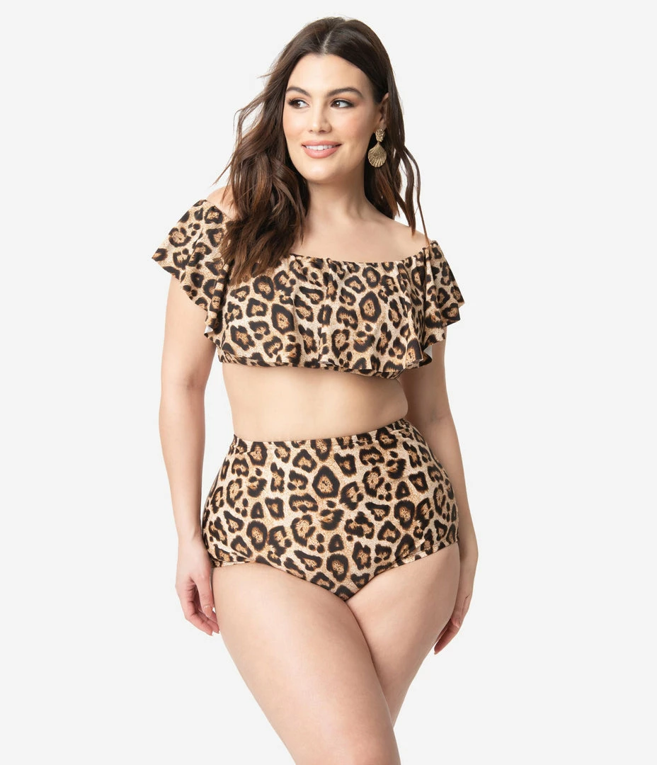 Unique Vintage Plus Size Leopard Print High Waist Louise Swim Bottoms Swimwear