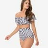 Unique Vintage Black & White Gingham Ruffled Ramona Swim Top Swimwear