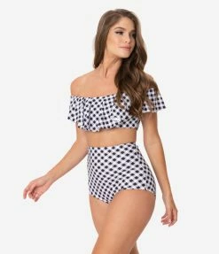 Unique Vintage Black & White Gingham Ruffled Ramona Swim Top Swimwear