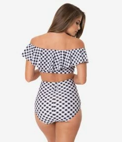 Unique Vintage Black & White Gingham Ruffled Ramona Swim Top Swimwear