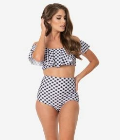 Unique Vintage Black & White Gingham Ruffled Ramona Swim Top Swimwear