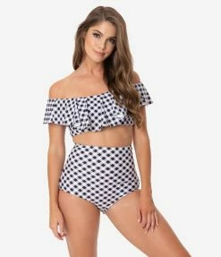 Unique Vintage Black & White Gingham Ruffled Ramona Swim Top Swimwear