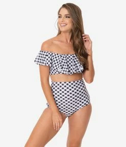 Unique Vintage Black & White Gingham Ruffled Ramona Swim Top Swimwear