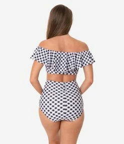 Swimwear Unique Vintage Black & White Gingham High Waist Louise Swim Bottoms