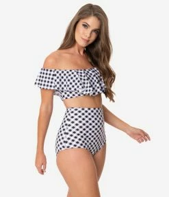 Swimwear Unique Vintage Black & White Gingham High Waist Louise Swim Bottoms