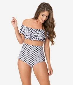 Swimwear Unique Vintage Black & White Gingham High Waist Louise Swim Bottoms