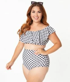 Swimwear Unique Vintage Plus Size Black & White Gingham High Waist Louise Swim Bottoms