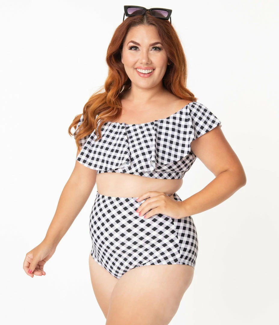 Swimwear Unique Vintage Plus Size Black & White Gingham High Waist Louise Swim Bottoms